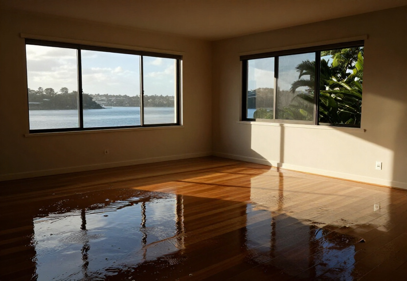 Flooded living room in Arcadia home before restoration
